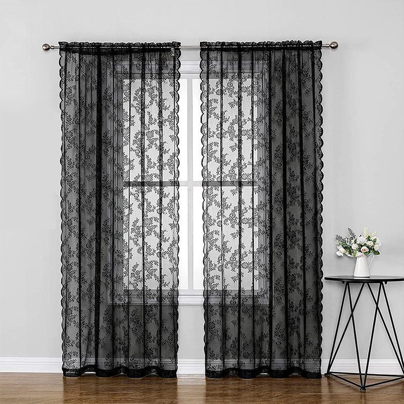 Floral Black Sheer Lace Curtains For Living Room