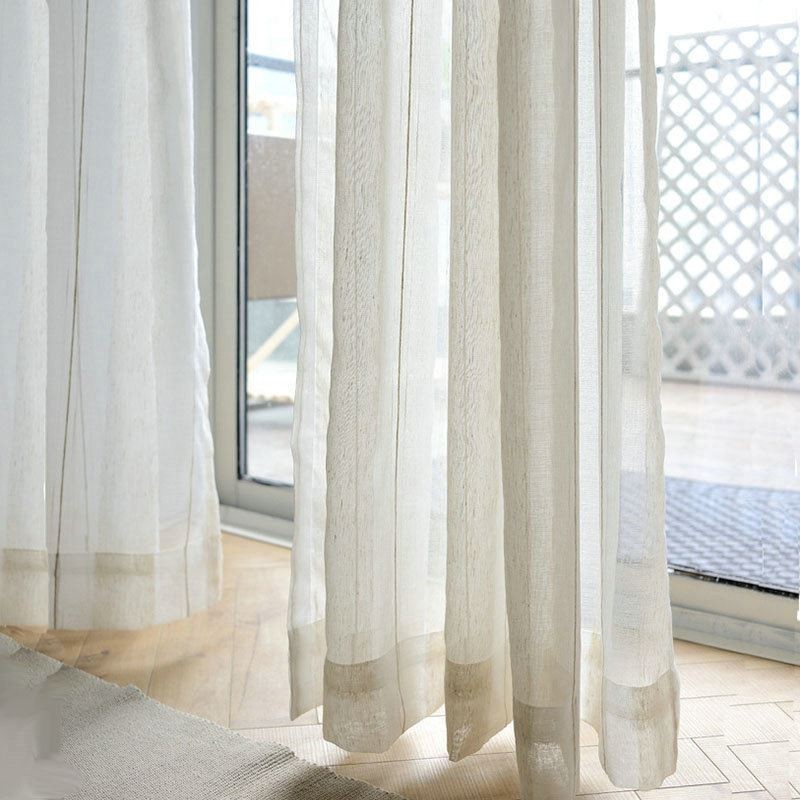 Japanese Simple Sheer Curtain Made to Measure Curtain Large Stripes Jacquard White Flax Fabric