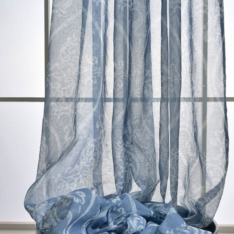 Japanese Simple Sheer Curtain Made to Measure Curtain Blue Printed Study Living Room Fabric