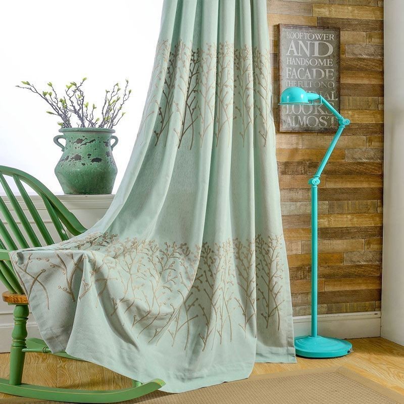 American Simple Curtain Made to Measure Curtain Green Embroidery Breathable Fabric