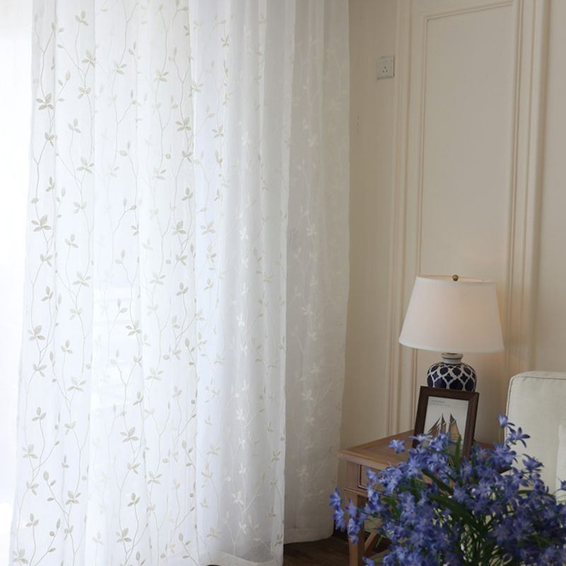 White Sheer Voile Curtains Decorative Vine Embroidery Window Drapes For Bedroom
