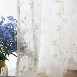 White Sheer Voile Curtains Decorative Vine Embroidery Window Drapes For Bedroom