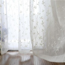 White Sheer Voile Curtains Decorative Vine Embroidery Window Drapes For Bedroom
