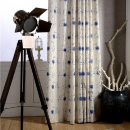 American Simple Curtain Made to Measure Curtain Blue Embroidery Insulated Soft Cotton Linen Fabric