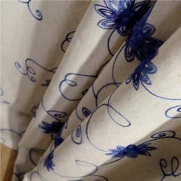 American Simple Curtain Made to Measure Curtain Blue Embroidery Insulated Soft Cotton Linen Fabric