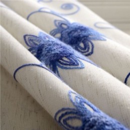 American Simple Curtain Made to Measure Curtain Blue Embroidery Insulated Soft Cotton Linen Fabric