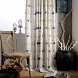 American Simple Curtain Made to Measure Curtain Blue Embroidery Insulated Soft Cotton Linen Fabric