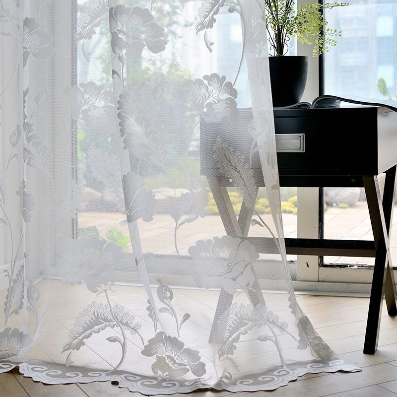 White Sheer Voile Curtains Decorative Vine Embroidery Window Drapes For Bedroom