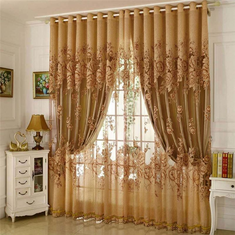 Retro Sheer Curtain Made to Measure Curtain Jacquard Living Room Brown