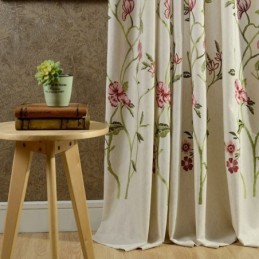 Modern Linen Blackout Curtain Made to Measure Curtain Minimalist Red Flower Embroidered