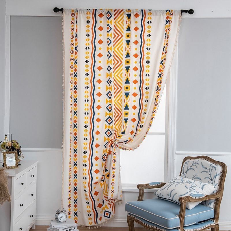 Nordic Style Linen Curtains Geometric Printed For Living Room Bedroom