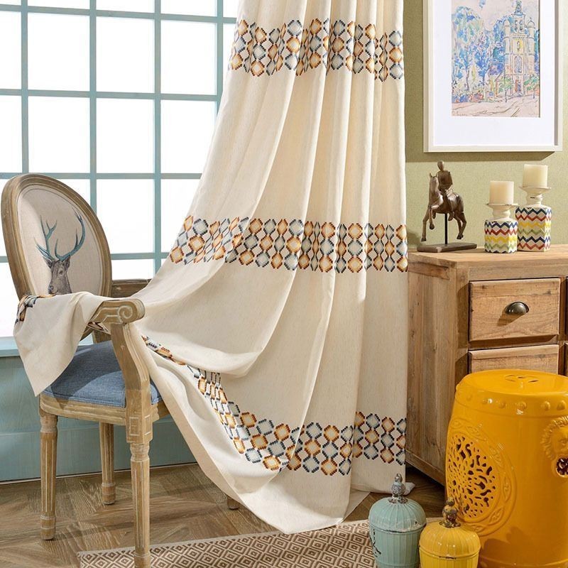 Cotton Linen Blackout Curtain Made to Measure Curtain Nordic Geometric Embroidered For Living Room Bedroom