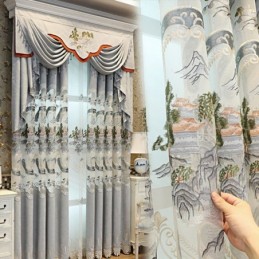 Chenille Semi Blackout Curtains Chinese Style Mountains Embroidery For Living Room Bedroom