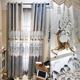 Nordic Chenille Curtains Fawn Embroidery Semi Blackout For Living Room Bedroom