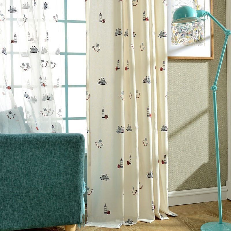 Children Style Cotton Blackout Curtain Made to Measure Curtain Sail Lighthouse Embroidered