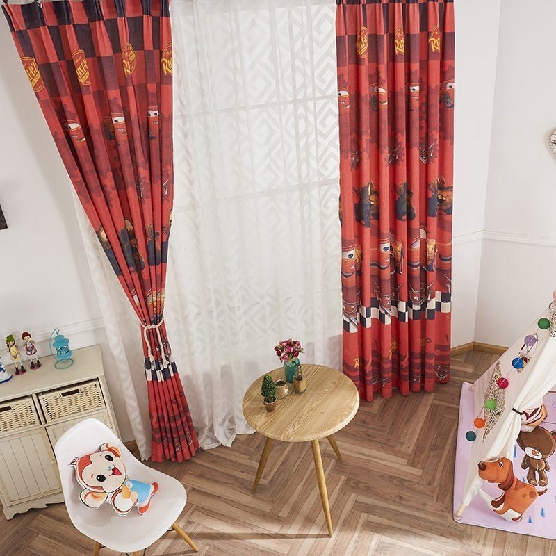 Cotton Blackout Curtains Kids Style Cartoon Car Printed