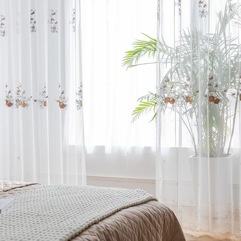 Flower Tulle Curtains White Voile Sheer For Living Room