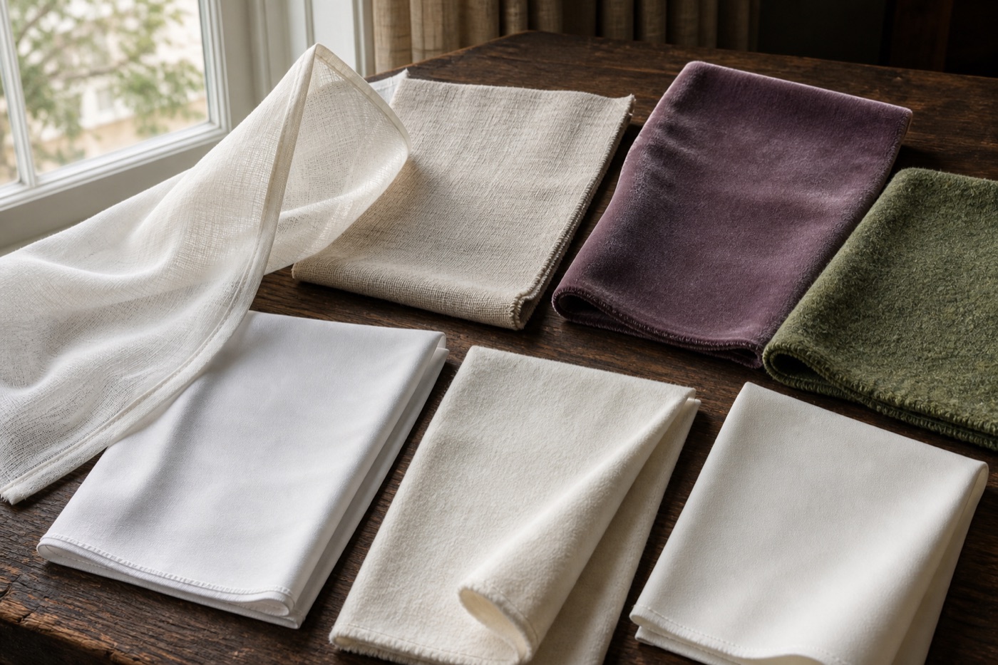 Real linen, velvet, light-filtering fabric and lining layers photographed close up