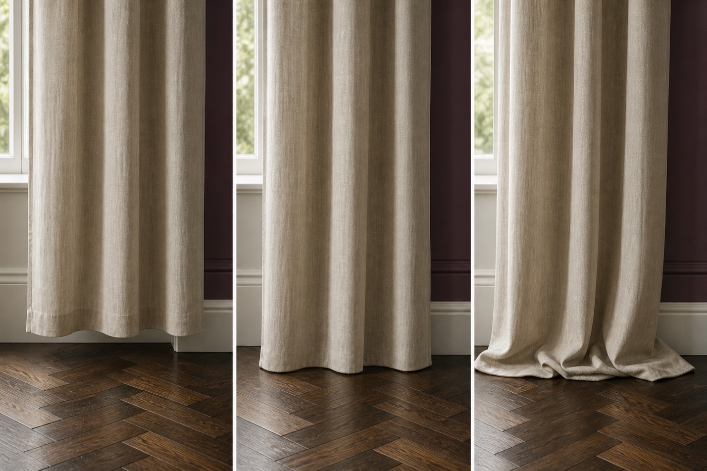 Real linen curtain hems shown floating above, kissing and puddling on the floor