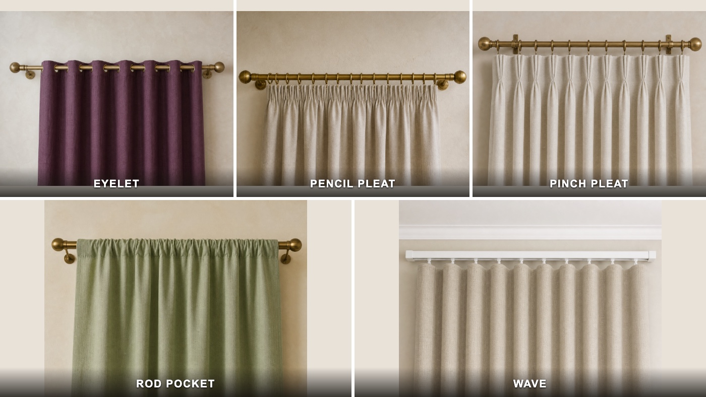 Five separate real installations showing complete eyelet, pencil pleat, pinch pleat, rod pocket and wave hardware