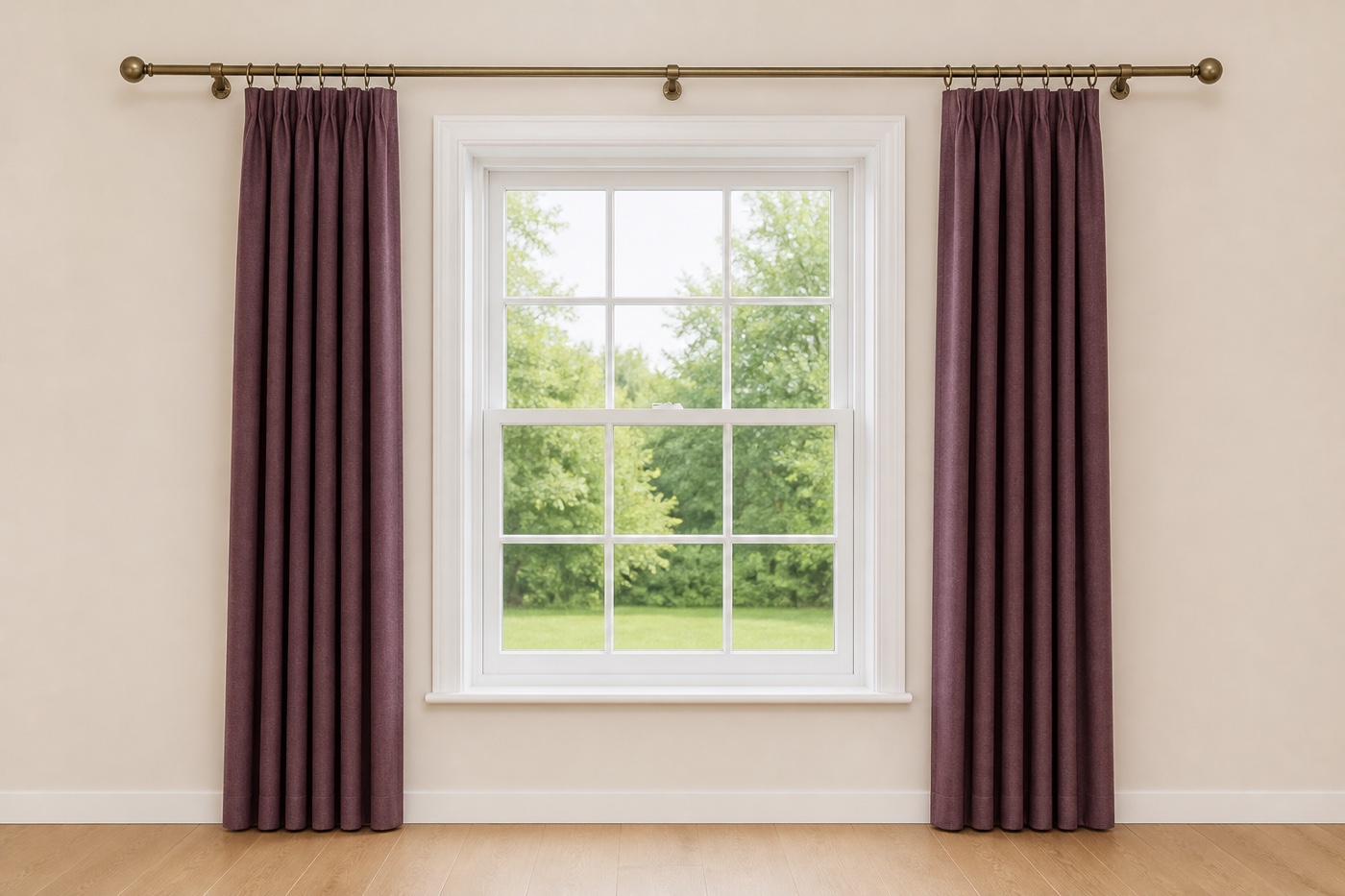 Straight-on view of a complete sash window, full curtain pole with three brackets, and two open curtain panels