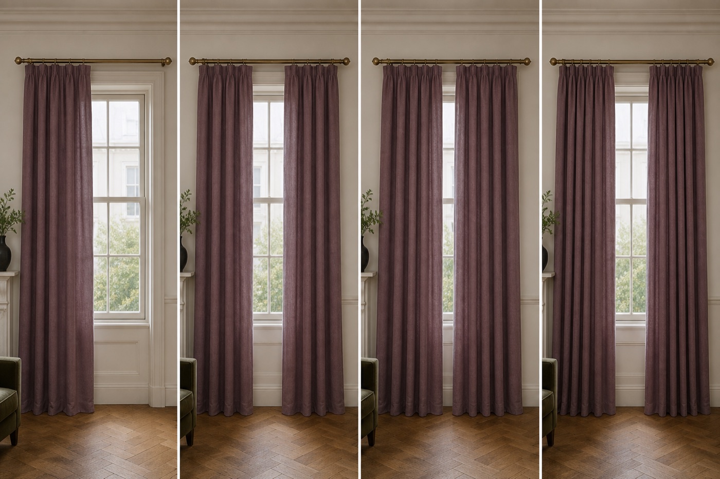 Real curtains comparing one panel, split panels, low fullness and balanced fullness
