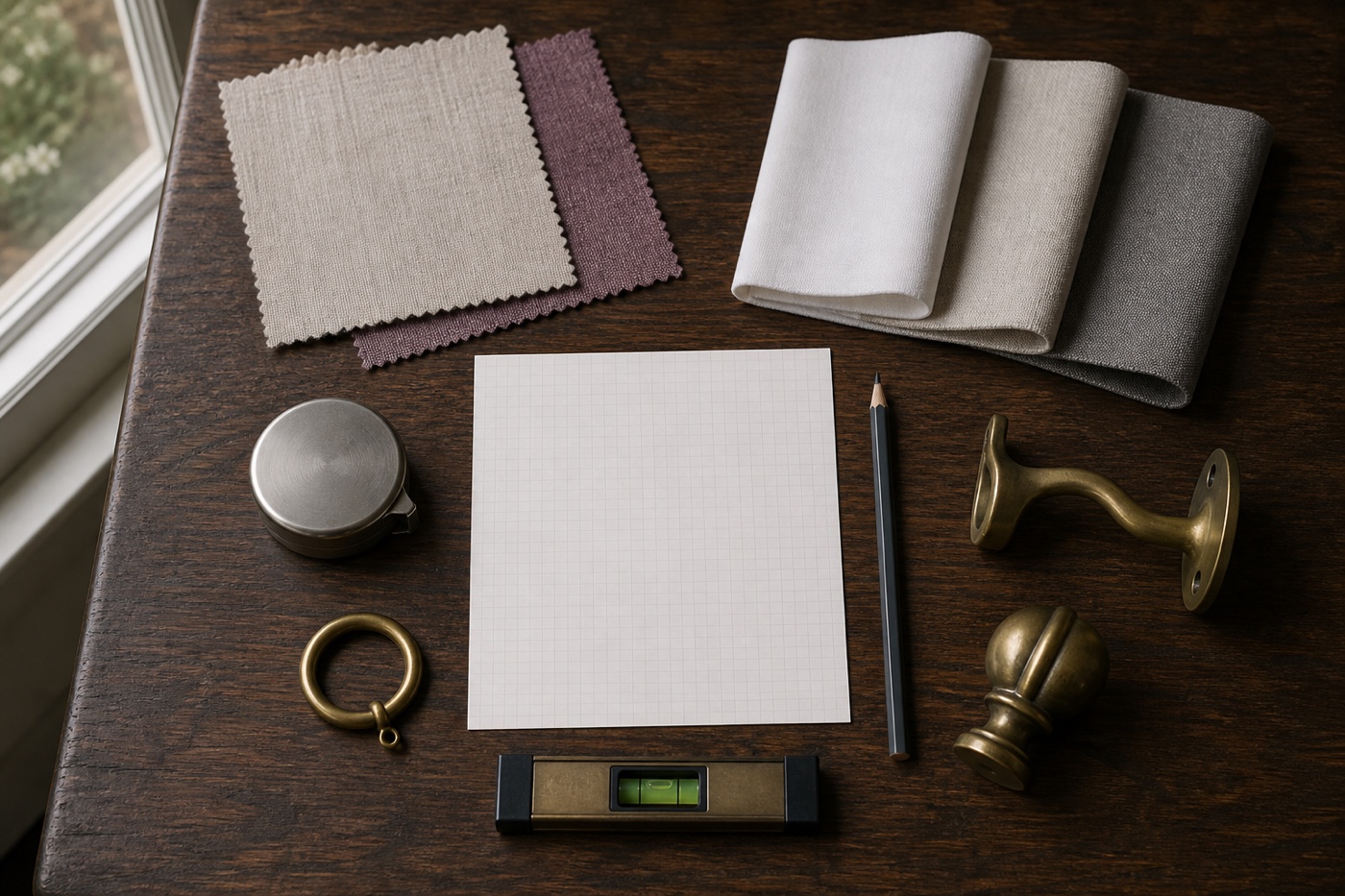Metal tape measure, measurement sheet, pencil, level, curtain hardware, fabric and lining samples on an oak worktable